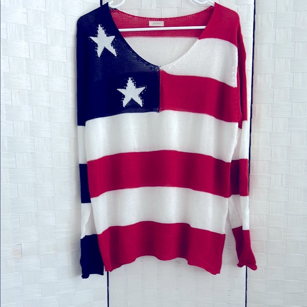 Red, White, and Blue Striped knitted Sweater with Stars - Picture 2 of 10